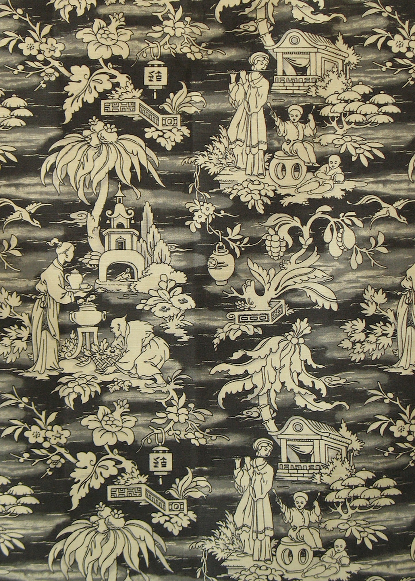 fabric printed with a chinoiserie scene of figures, trees, and buildings in black and beige