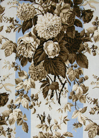 printed fabric that depicts a dark brown floral bouquet over blue stripes