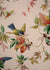 pink fabric that is printed with playful birds, butterflies, and flowers
