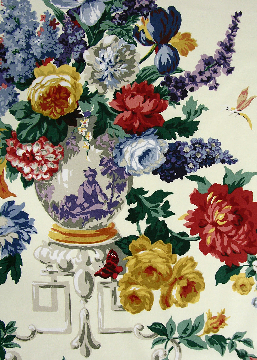 ivory fabric printed with roses, vases, and geometric scrolls