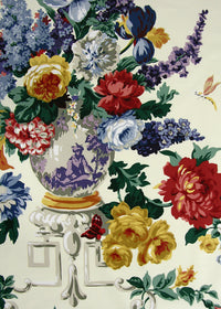 ivory fabric printed with roses, vases, and geometric scrolls