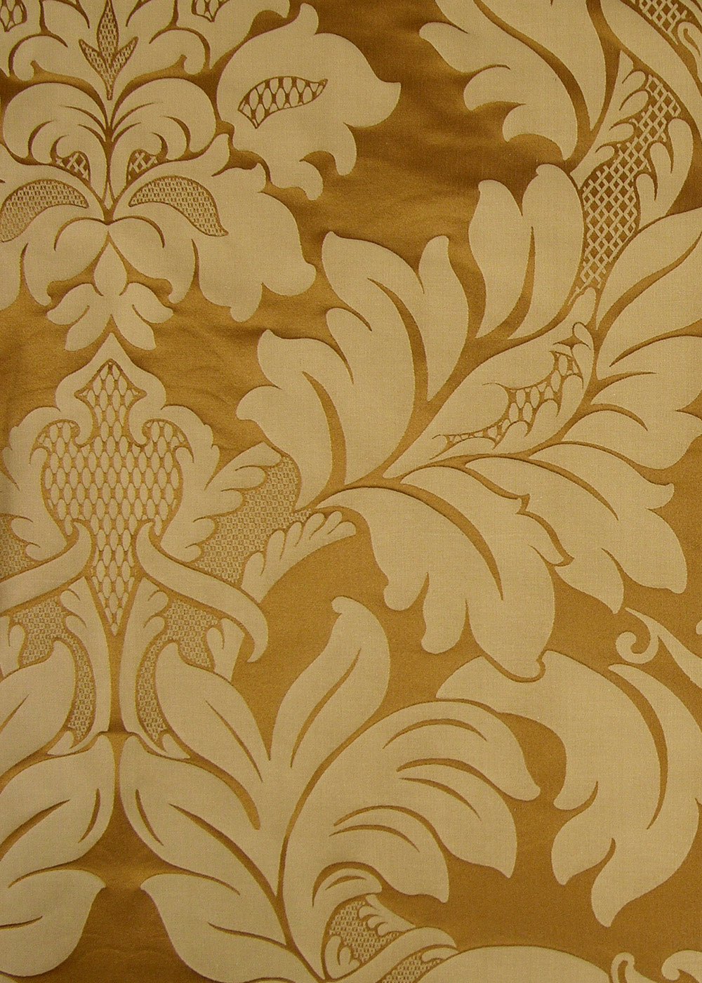 bronze satin fabric with a gold damask pattern
