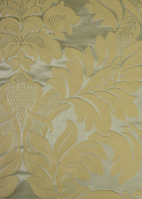 light celadon satin fabric with a gold damask pattern