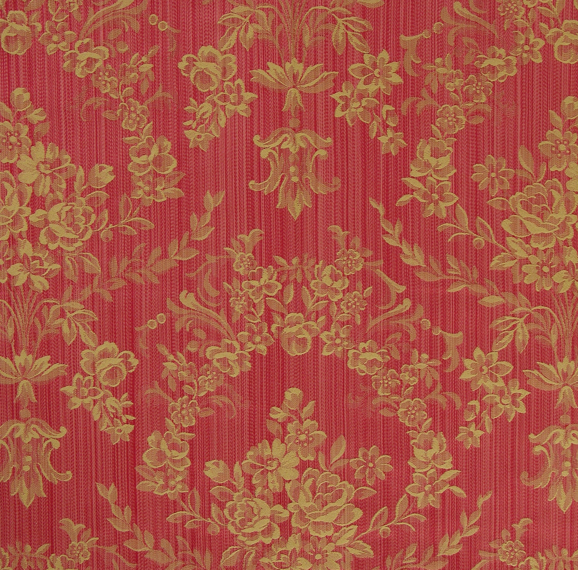 a red fabric with a gold floral damask pattern woven into its design