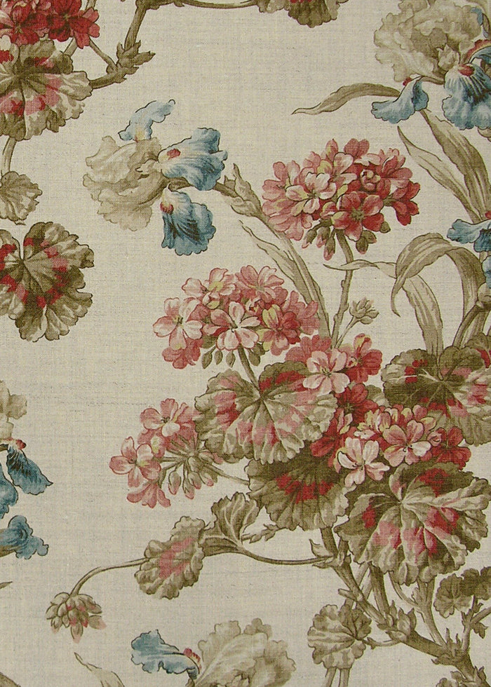 natural linen fabric printed with muted flowers in blue and red
