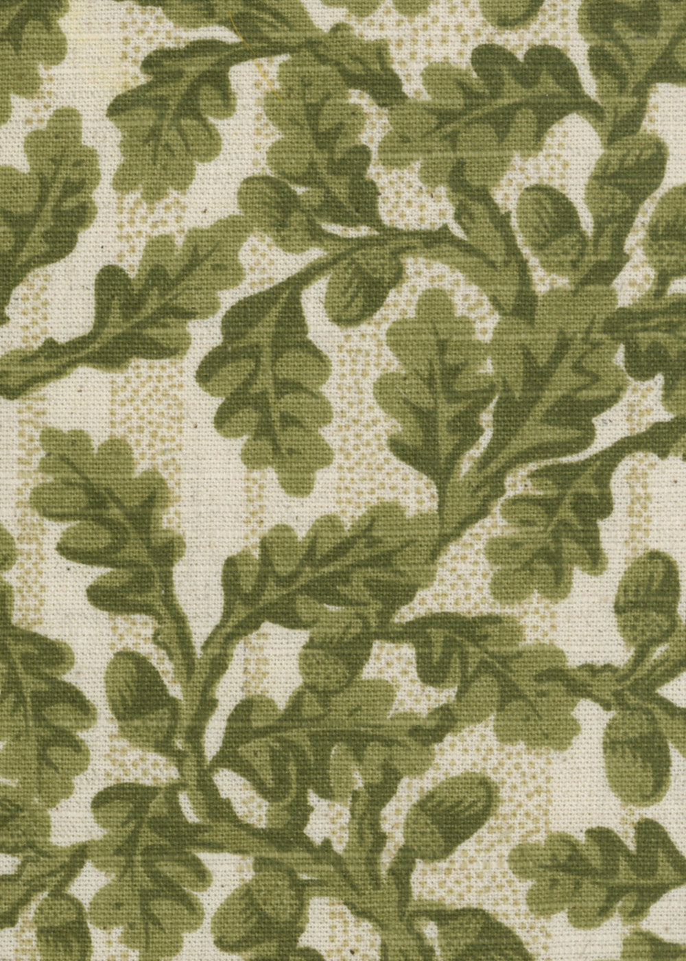 linen fabric printed in green with small-scale oak leaves and acorns