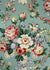 chintz fabric printed with roses, ribbons, and floral vines on a soft teal background