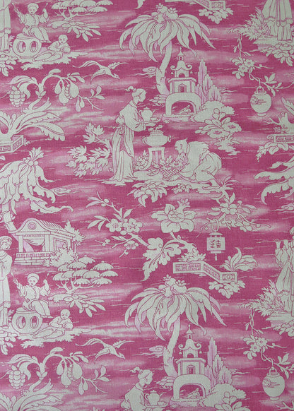 fabric printed with a chinoiserie scene of figures, trees, and buildings in red and beige