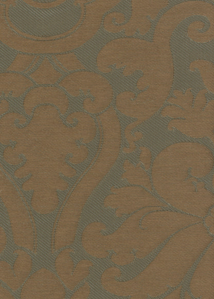 green and copper fabric with a woven damask design