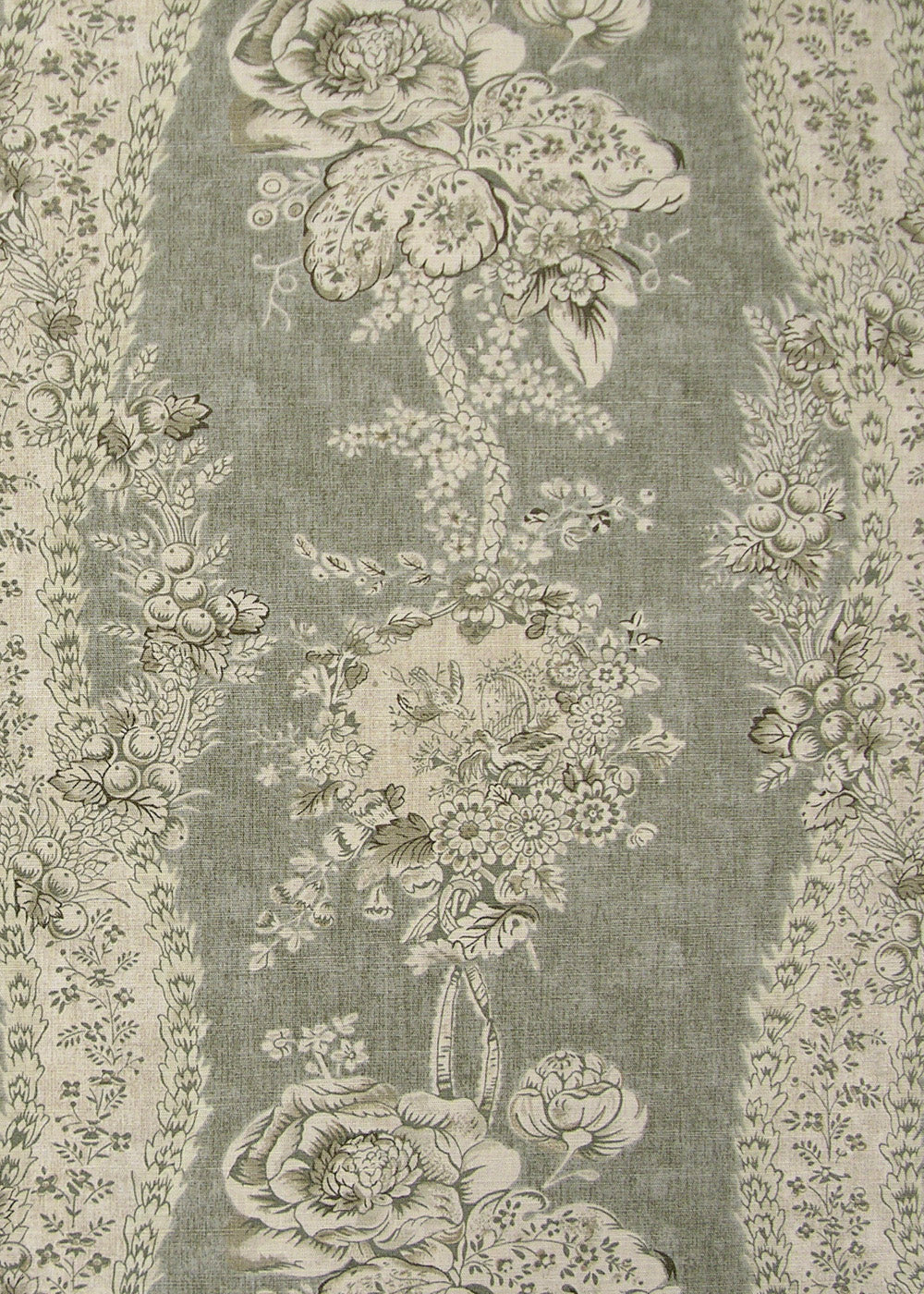 gray fabric with a monochromatic pattern of florals, vines, and berries