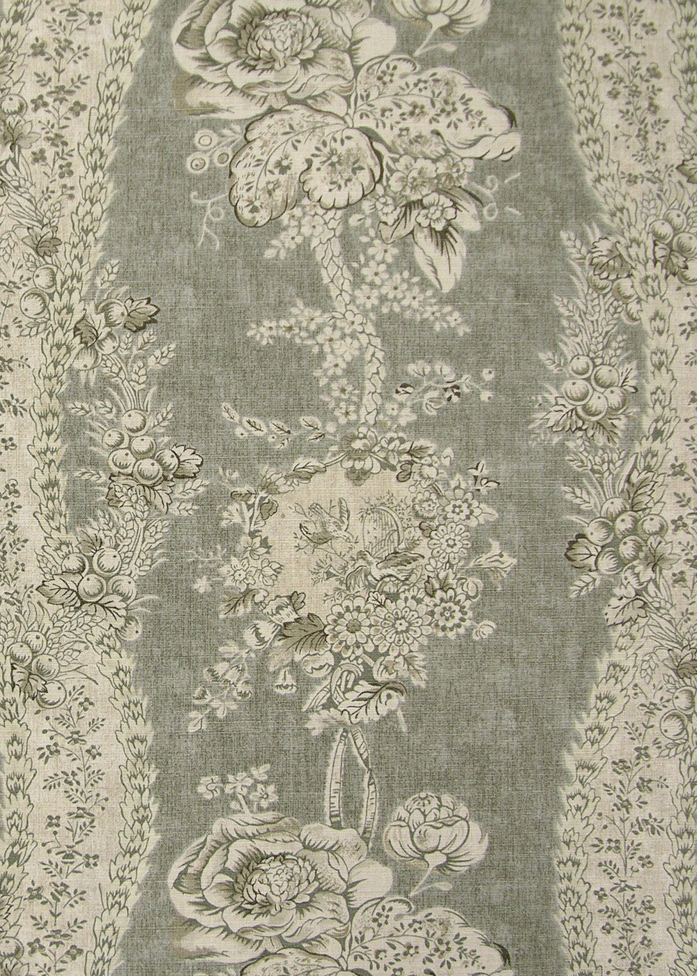 gray fabric with a monochromatic pattern of florals, vines, and berries