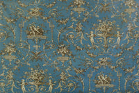 a blue and gold vintage toile fabric