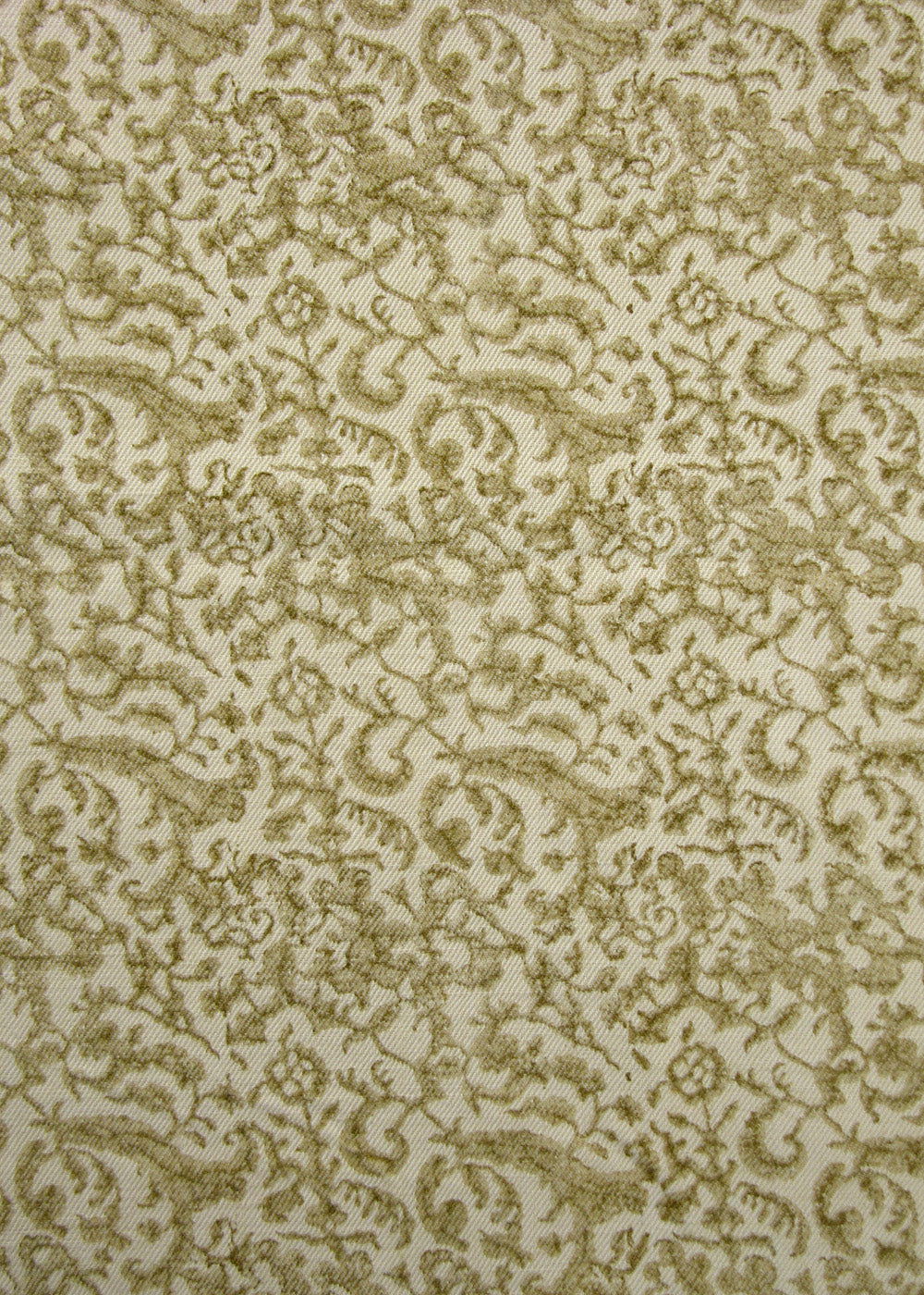 celery green and natural fabric with a small-scale floral block print
