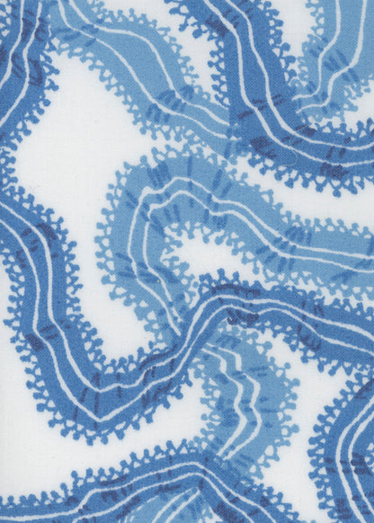 white fabric printed with a colorful blue ribbon design