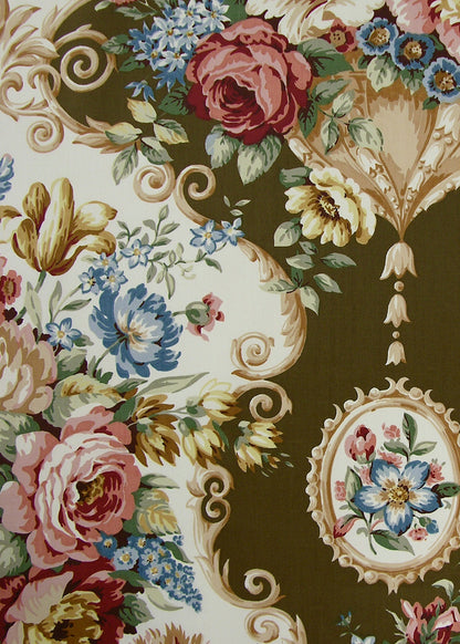chintz fabric printed with baroque scrolls, multicolored flowers, and frames on a dark brown background