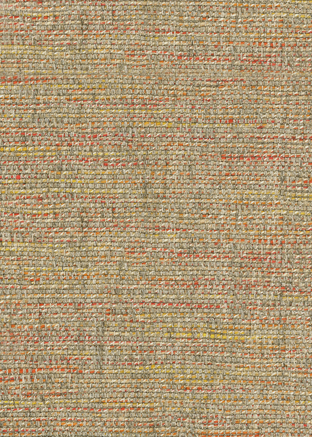 close up of a woven upholstery fabric made with jute, natural and orange color