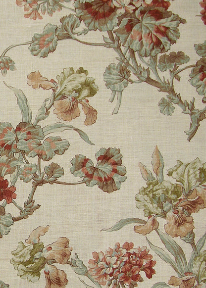natural linen fabric printed with muted flowers in multicolored shades