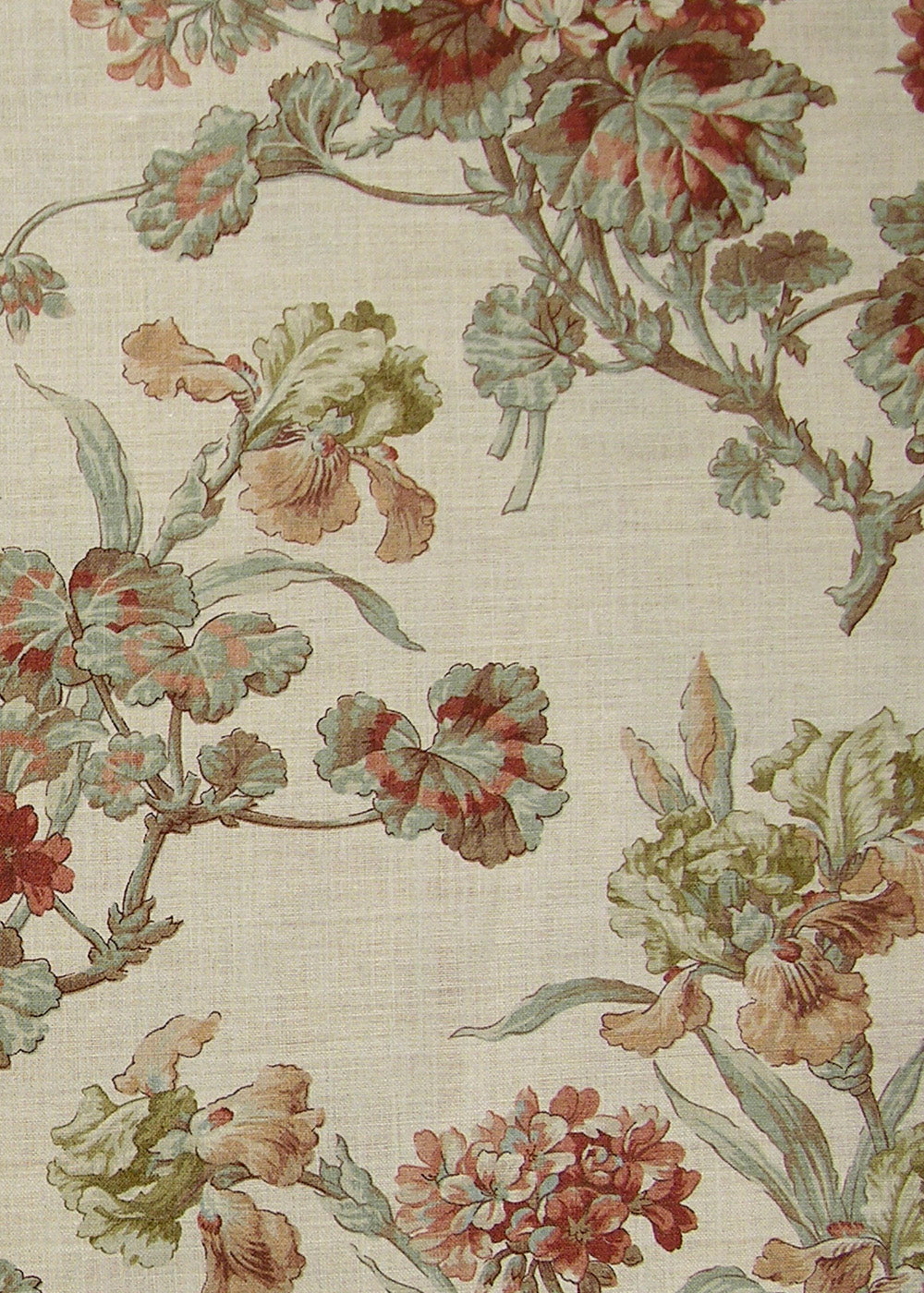 natural linen fabric printed with muted flowers in multicolored shades