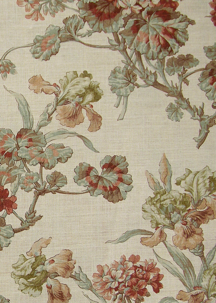 natural linen fabric printed with muted flowers in multicolored shades