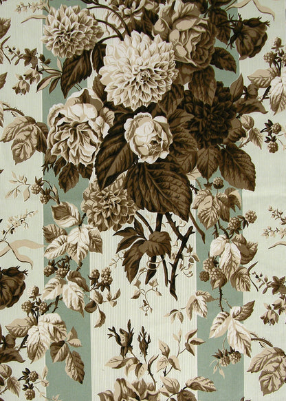 printed fabric that depicts a dark brown floral bouquet over green stripes
