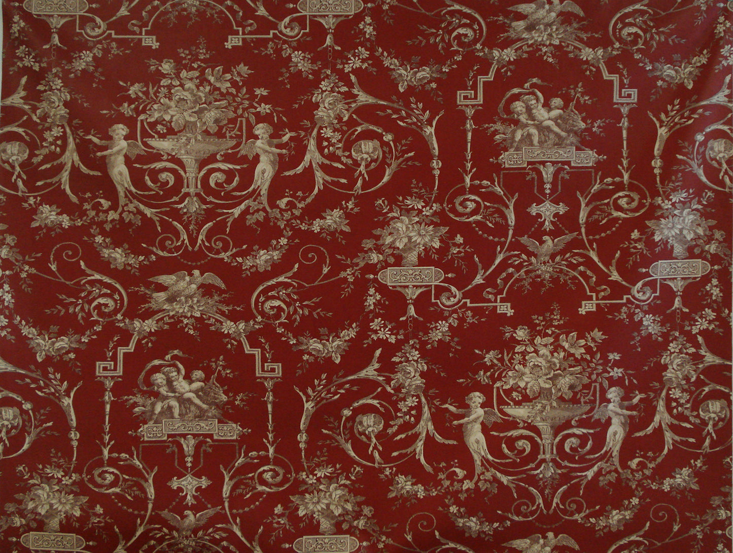 a red and gold vintage toile fabric