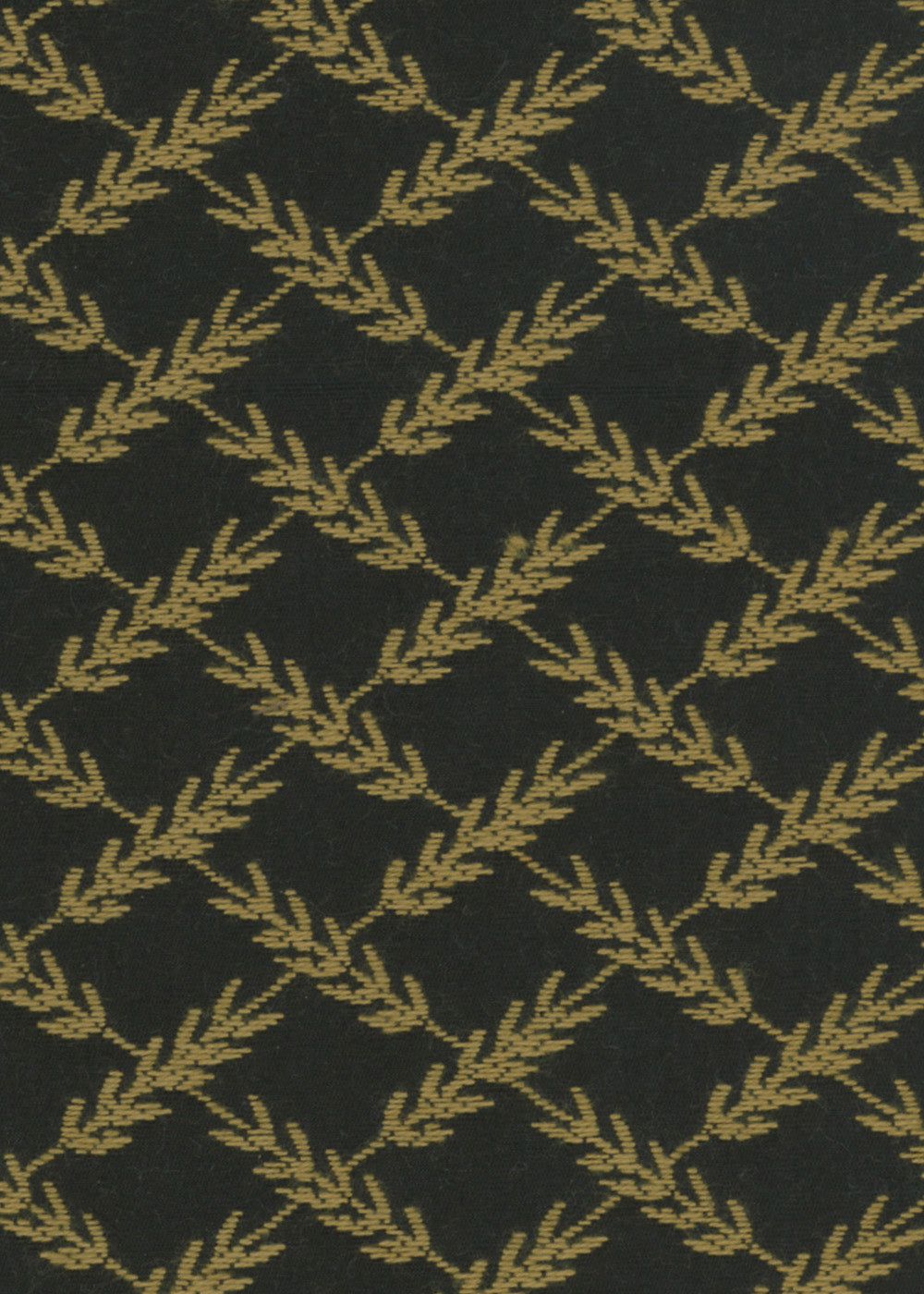 black and gold upholstery fabric with a woven pattern that looks like ears of wheat