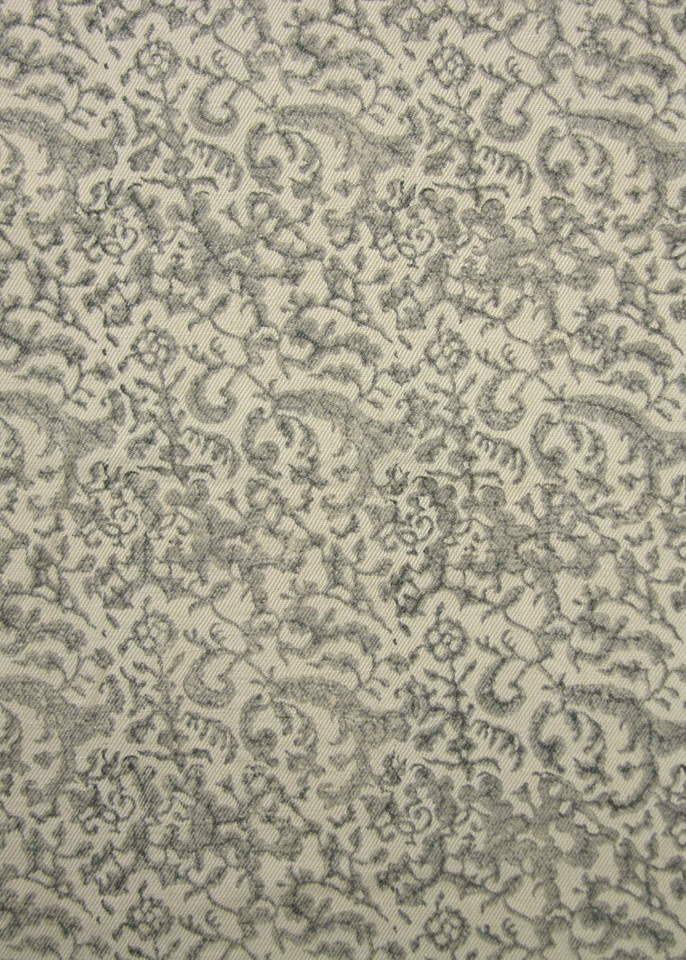 dusty blue  and natural fabric with a small-scale floral block print