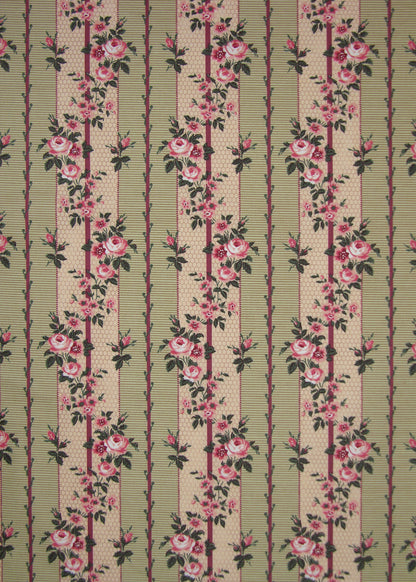 green striped fabric with printed roses and vines entwining the stripes
