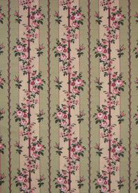green striped fabric with printed roses and vines entwining the stripes