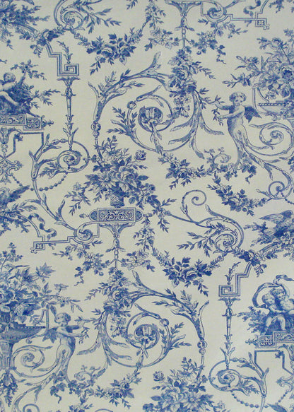 a blue and white vintage toile fabric