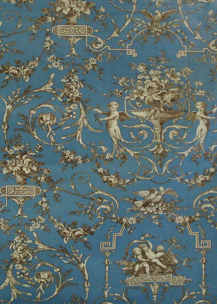 a blue and gold vintage toile fabric