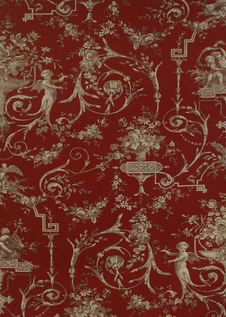 a red and gold vintage toile fabric