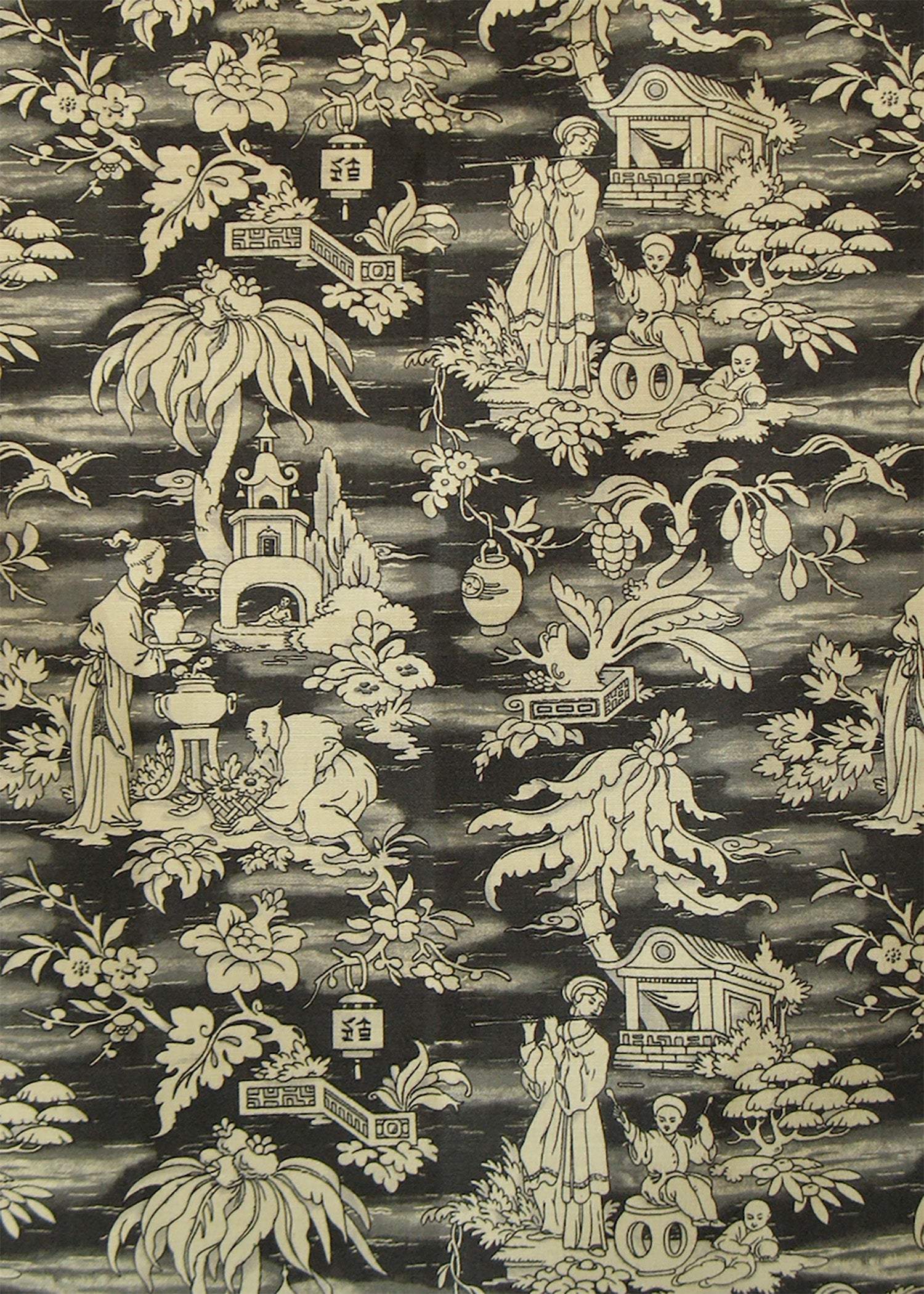 fabric printed with a chinoiserie scene of figures, trees, and buildings in black and beige