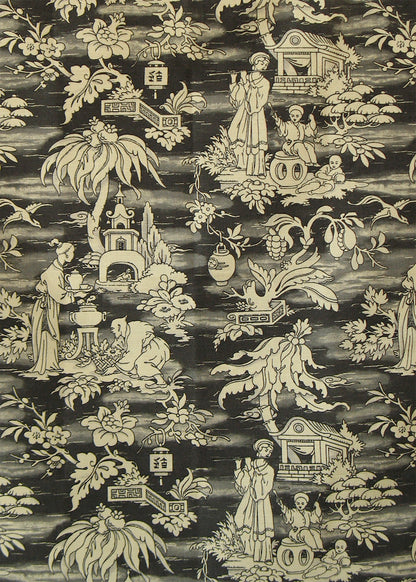 fabric printed with a chinoiserie scene of figures, trees, and buildings in black and beige