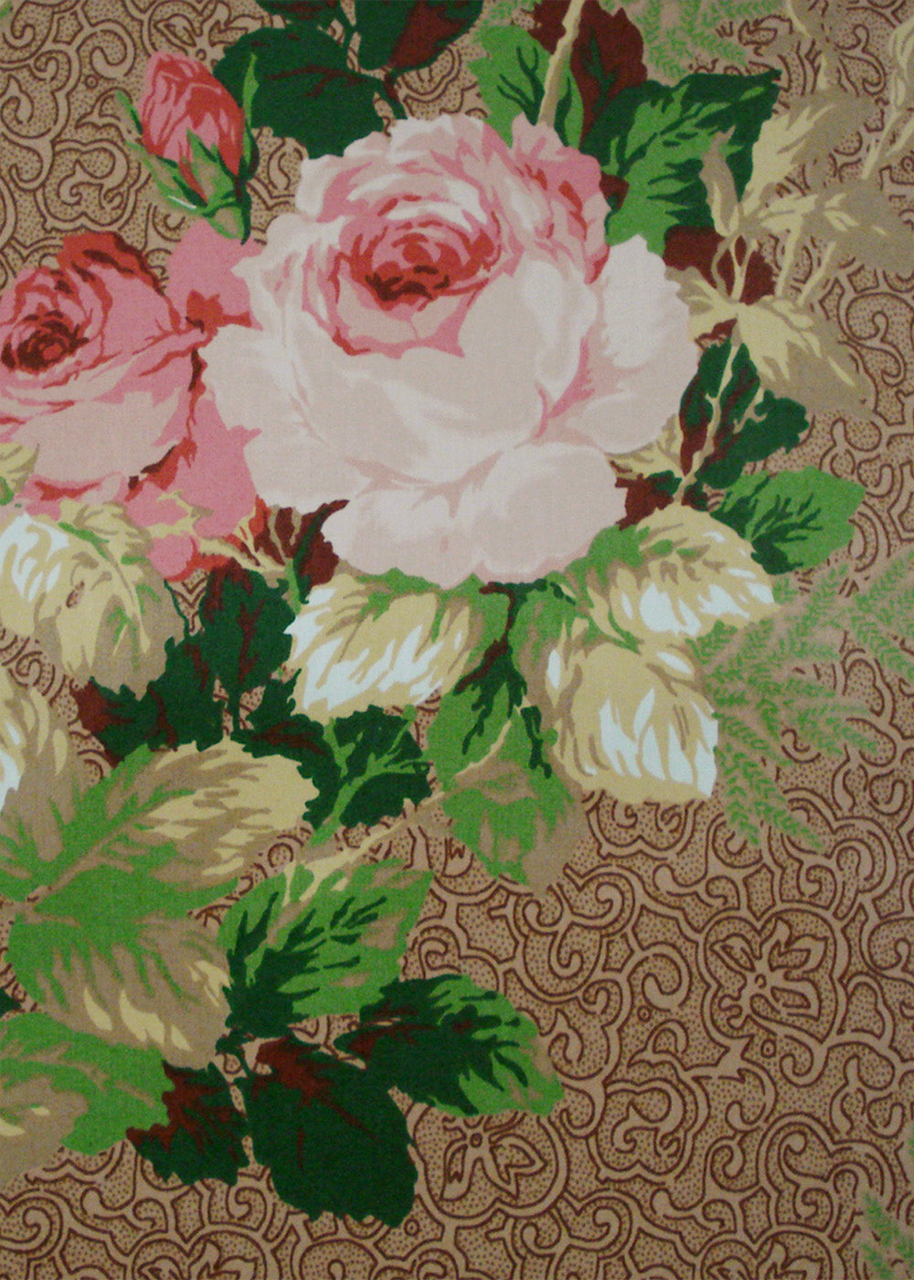 chintz fabric printed with roses over a taupe swirled background