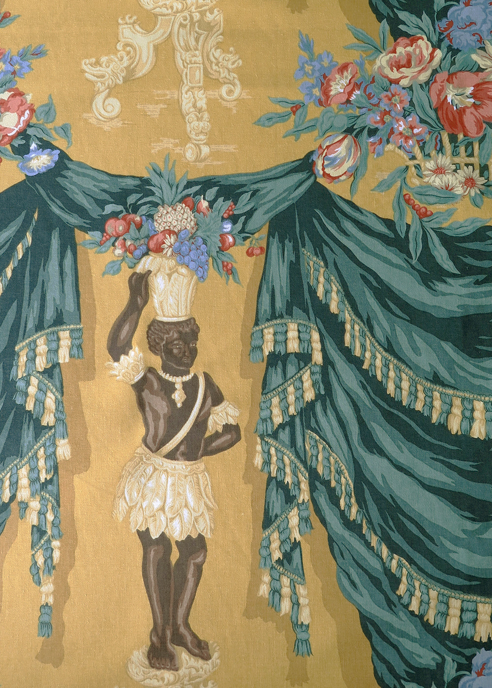chintz fabric printed with a man carrying a basket of fruit on his head
