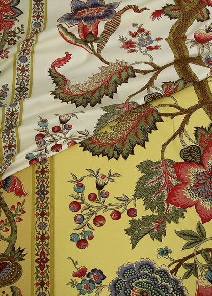 printed fabric with indian inspired botanical designs and a border strip