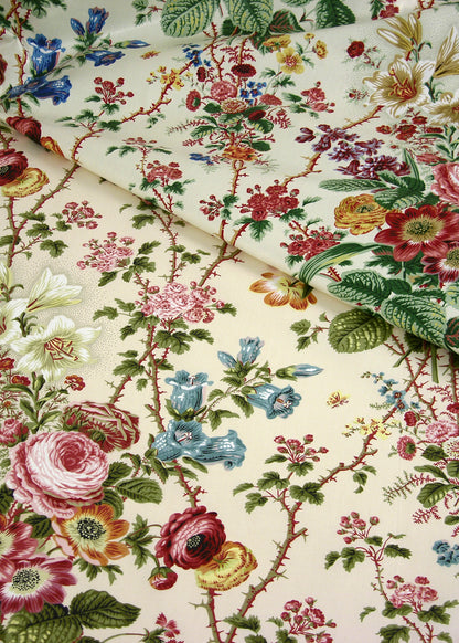 fabric printed with detailed garden florals