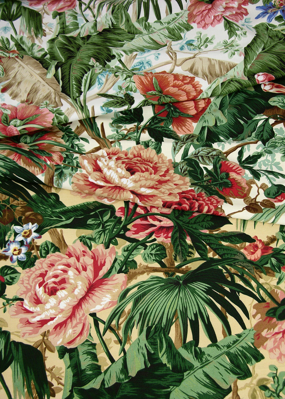 colorful printed fabric with flowers and tropical leaves