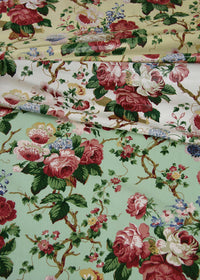chintz fabric with roses and vines in three colorways