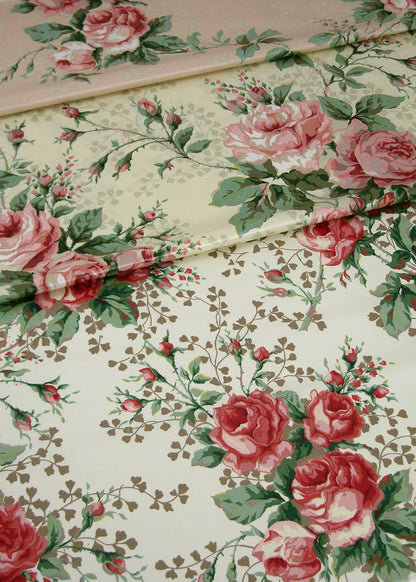 chintz fabrics printed with roses, rose buds, and branching vines