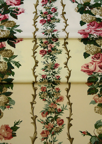 fabrics with vertical stripes made of floral roses and hydrangeas